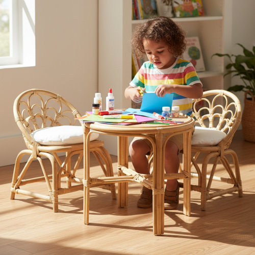Indigo Safari Rattan Kids Table Sets With Backrest And Removable Cushion For Playroom/Kids Room/Bedroom | Wayfair