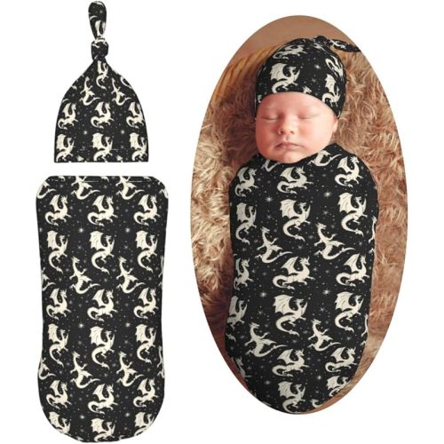 Fire Dragon with Stars Newborn Swaddle Blankets Hat Sets Soft Baby Receiving Blanket Swaddle Sack for Baby Shower Infant Boy Girl Gift