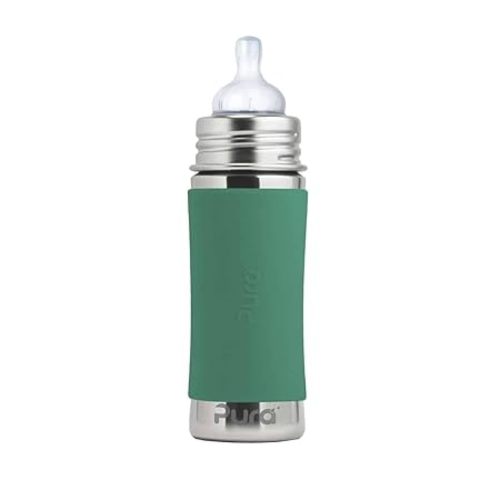 Pura Kiki 9oz/275ml Stainless Steel Infant Bottle w/Sleeve, Anti-Colic, Medical-Grade Silicone, Medium-Flow Nipple, for Babies 3 Months & Up - Mint