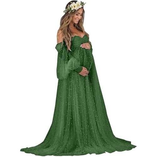 Tianzhihe Pearl Tulle Maternity Dresses for Photoshoot Long Puffy Sleeve Tulle Robe Bridal Baby Shower Pregnancy Gowns
