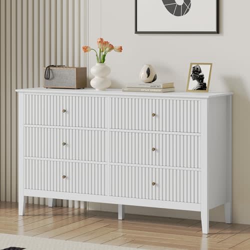 RoyalCraft White 6 Drawer Dresser for Bedroom, Fluted Painted Wood Chest of Drawers, Modern TV Stand Storage Cabinet for Living Room, Entryway, 47" W x 16" D x 32" H