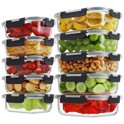 HOMBERKING 10-Pack Glass Meal Prep Containers, 36 oz/14 oz, Locking Lid Set | Borosilicate Glass Food Storage Containers Set, Airtight Lunch Bento Boxes, BPA-Free, Dishwasher Freezer, Oven Safe-Black