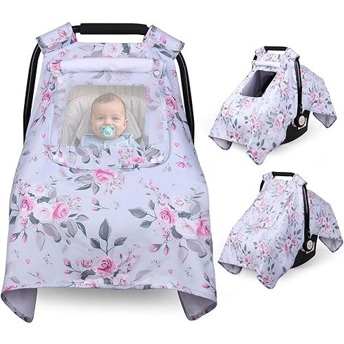 Car Seat Cover Baby, Carseat Covers Baby with 2 Layers Breathable Windows, Windproof Infant Car Seat Cover, Kick-Proof Baby Carrier Cover for Baby Girl Newborn Essentials
