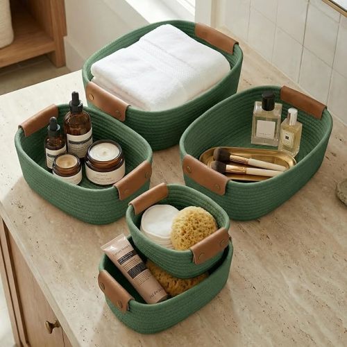 Beautiful Storage Basket Set of 5 - Sturdy Cotton Rope Baskets for Shelves | Perfect for Organizing Your Home - Quality Storage Bins Easily Fit with Any Nursery or Bedroom Decor