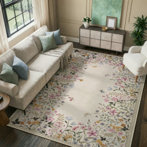 Floral Vintage Washable Beige Area Rug with Non Slip Backing - Low Pile Durable Carpet for Living Room, Bedroom, Dining Room or Office Decor | Wayfair