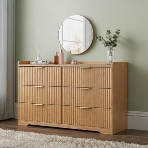 OURPIC Fluted 6 Drawer Dresser for Bedroom, 47" Wide Wooden Chest of Drawers, Modern Bedroom Dresser with Deep Drawers, Wide TV Stand Top and Metal Handles, Natural Oak