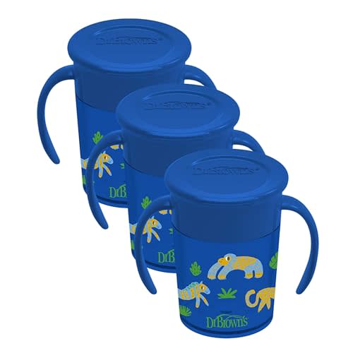 Dr. Brown's Milestones Cheers 360 Spoutless Transition Cup with Handles, Travel Friendly and Leak Free Sippy for Babies and Toddlers, Blue Animal Safari, BPA Free, 7 oz/200 mL, 6m+, Value Pack