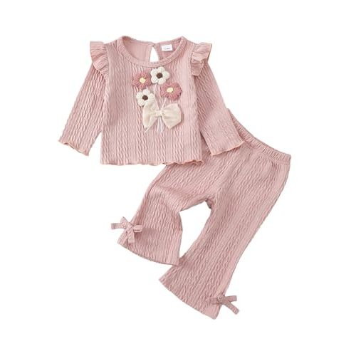 Kucnuzki Toddler Baby Girl Clothes Outfit Long Sleeve Ruffle T Shirt Top Bell Bottom Pants Two Piece Fall Winter Outfits