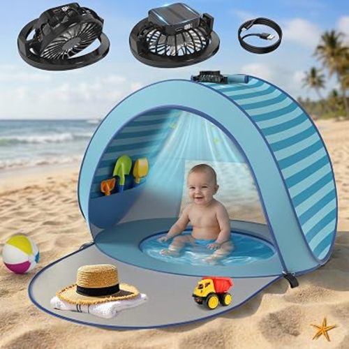 Baby Pop Up Tent with Integrated Solar Cooling Fan | Anti-UV Baby Tent for Beach with UPF 50 UV Protection | Baby Beach Pool | Portable Travel Sun Shade for Baby | Pop Up Pool (Sky Blue)