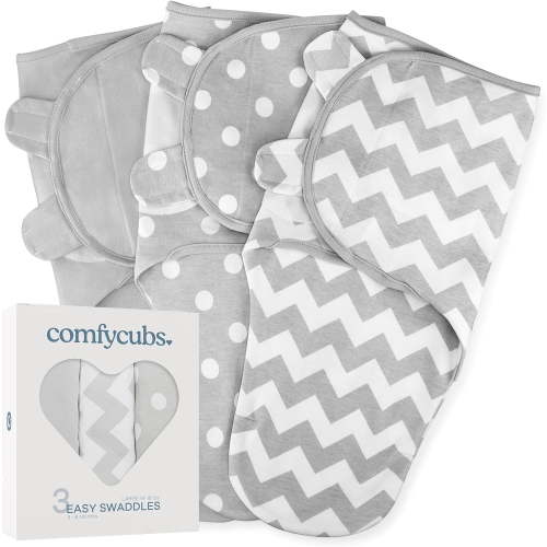 Comfy Cubs Baby Swaddles, Easy Adjustable 3 Pack for Boys and Girls (Large 3-6 Months, Grey)