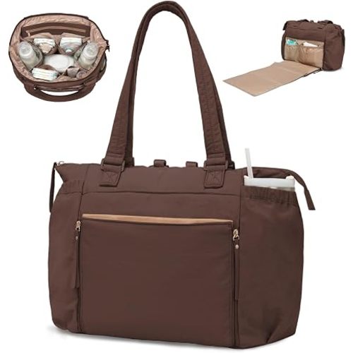MOMINSIDE Diaper Bag Tote with Changing Station Convertible Diaper Bag Backpack Tote pañaleras para bebe Large Baby Bag, Hospital Bag Mommy Bag Travel Diaper Bag for Mom, 16 Pockets, Dark Brown