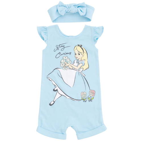 Disney Alice in Wonderland Newborn Baby Girls French Terry Romper and Headband Newborn to Toddler