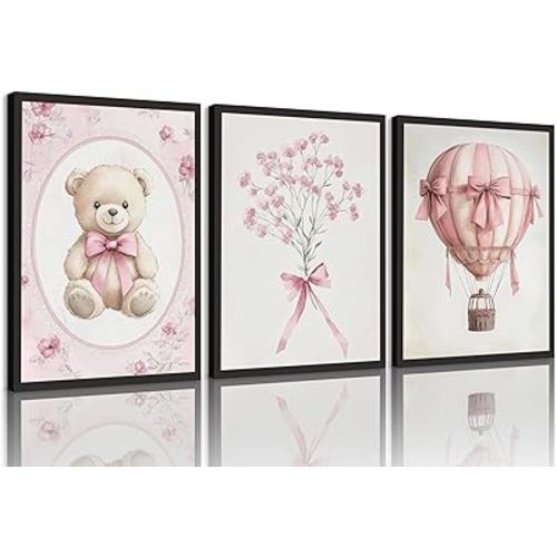 3Pcs Pink Nursery Wall Art Cute Teddy Bear Hot Air Balloon Wall Decor Pictures Flowers and Bows Canvas Posters Prints for Baby Girls Bedroom Playroom Decorations Unframed(12inx16in posters)