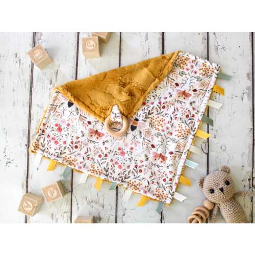 Golden Bee Minky Baby Lovey: Personalized Security Blanket with Wood Ring and Ribbon