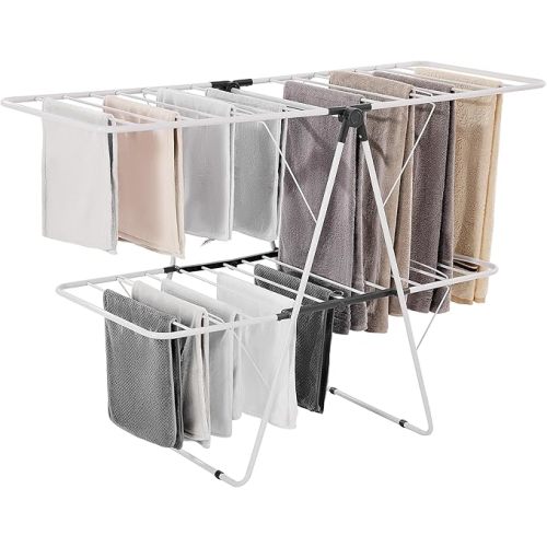 VEVOR Clothes Drying Rack, 2-Tier Foldable Laundry Dryer Rack with Sock Clips & 31 Dry Rods, Metal Height Adjustable Drying Racks for Outdoor & Indoor, Free-Standing & Space-Saving Hanger, White