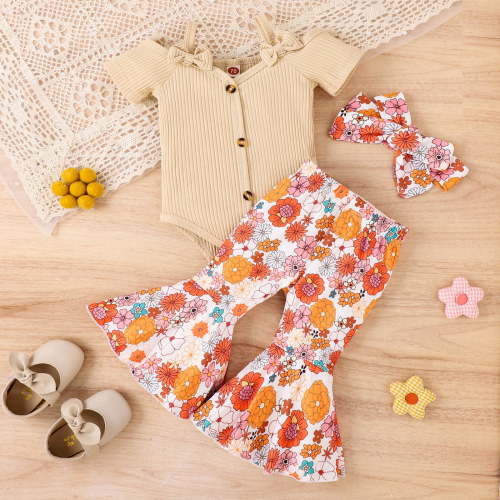 Herrnalise Baby Infant Girl Clothes Floral Bell Bottoms Outfit Cute Solid Ribbed Cold Shoulder Tops Romper+Flare Pants Summer
