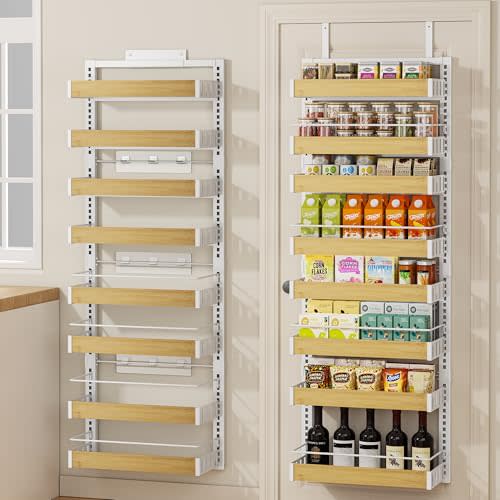 POKIPO 8 Tier Over The Door Pantry Organizer, 2 IN 1 Wall Mount or Hanging Spice Rack Seasoning Shelves with Adjustable Basket, Back of Door Organizer and Storage for Kitchen Cabinet and Room Closet