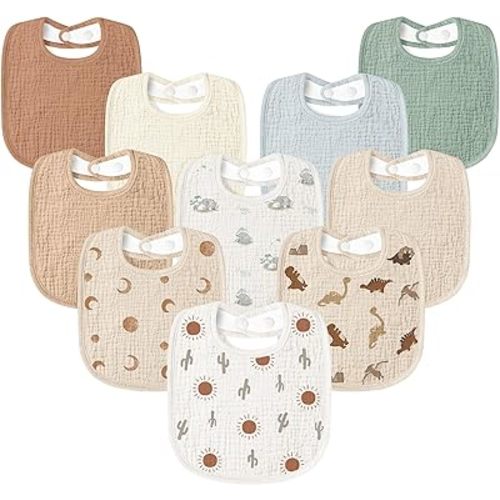 Susurration Muslin Baby Drool Bibs 10Pack Soft Square Adjustable Bandana Bibs for Unisex Baby Girls & Boys