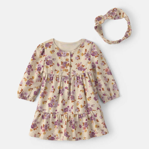 Baby Girl 2-Piece Floral Twill Long-Sleeve Dress - Cream | Carter’s Oshkosh Canada