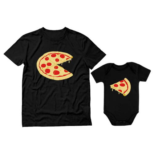 Pizza Pie & Slice Dad & Baby Set Baby Bodysuit & Men's T-Shirt Shower Gift Dad Black X-Large / Baby Black 18M (12-18M)