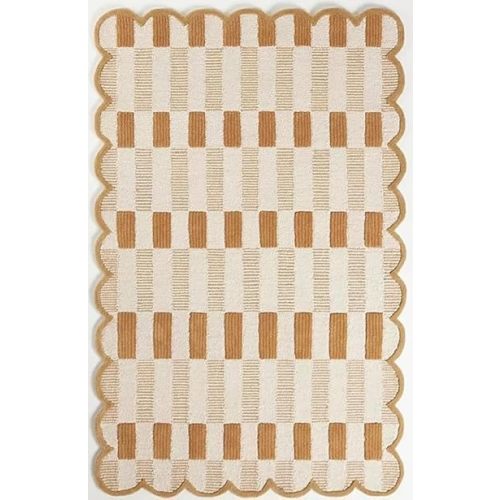 Hand-Tufted Premium Wool Area Rug with Scalloped Edges, Natural Beige Plaid Pattern, Cozy and Soft Accent Rug for Living Room, Bedroom and Hall, Handmade Decorative Rug (Natural Beige C3, 5X8 feet)