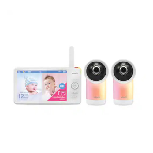 VTech - 2 Camera 1080p Smart WiFi Remote Access 360 Degree Pan & Tilt Video Baby Monitor with 7” Display, Night Light - White