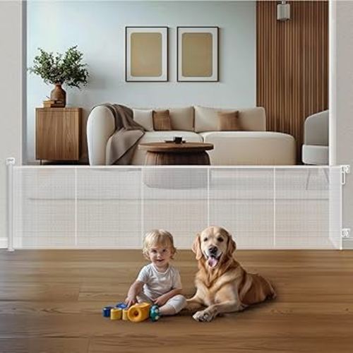 HOMEAL 120inch Retractable Baby Gate Extra Wide, Large Openings Safety Baby Gate, Long Retractable Mesh Dog Gate for Stairs, Doorways, Hallways, Indoor, Outdoor(White, Width Up to 120")
