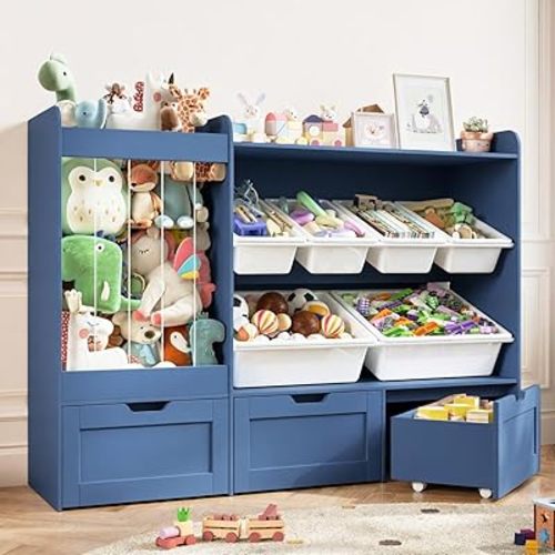 50.6" W Large Toy Storage, Kids Toy Organizer Shelf with Stuffed Animal Zoo, 6 Plastic Bins, 3 Rolling Box, Wooden Toddler Toy Bookshelf Organization Shelves for Kidsroom, Bedroom (Blue)