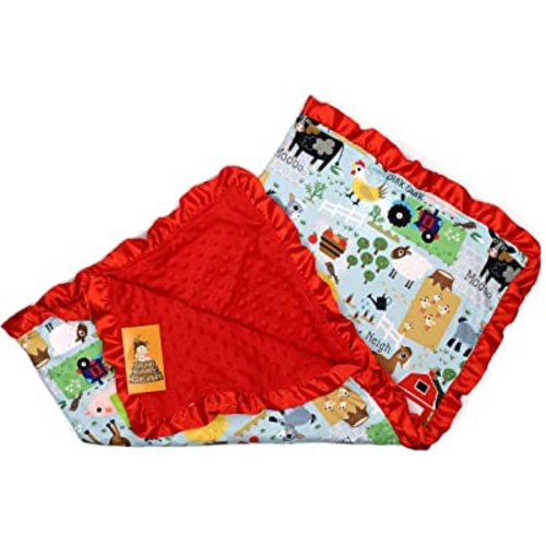 Dear Baby Gear Farm Deluxe Baby Blanket - Reversible, Milestone & Newborn Gifts for Girls and Boys - Farm Life Animals, Tractor, Red, 32 Inches by 32 Inches