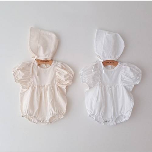 Cotton Newborn Baby Girl Ivory Cream Onesie Bodysuit Romper Bonnet Hat Set