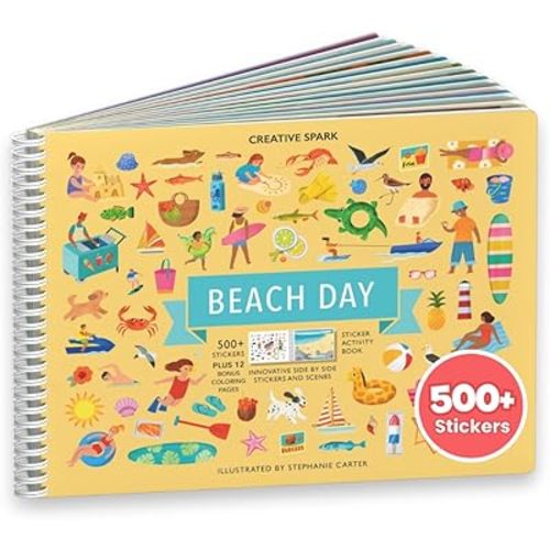 CUPKIN Sticker Book for Kids 2-4, 500+ Kids Stickers, Beach Day 12 Coloring Pages 12 Side by Side Scenes, Fun Toddler Travel Activity Coloring and Sticker Books for Children Ages 4-8 + 8-10