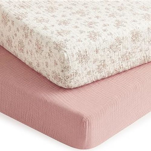 2 Pack Muslin Crib Sheets for Girl - Neutral Fitted Baby Crib Sheets for Standard Toddler Crib Mattress - 52” x 28” Soft Breathable Cotton Baby Bed Sheets - Dusty Pink & Floral