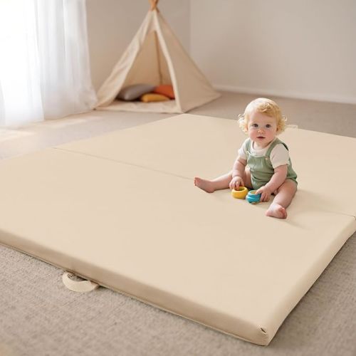 Bella's Friends Foldable Baby Play Mat for Floor, 50"x50" Vegan Leather Playpen Mat, 1.2" Extra Thick Foam, Non-Toxic, Wipe-Clean, Travel-Ready, Non-Slip Crawling Mat for Kids Toddlers&Infants, Beige