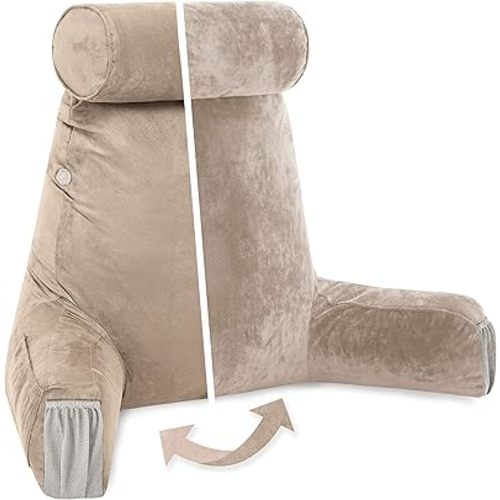 Husband Pillow Medium Aspen Edition Cowboy Taupe, Sit Up Reading & Bed Rest with Arms, Ultra-Comfy, Detach Neck Roll - Premium Shredded Memory Foam Backrest, Reverses to Micro: Suede or Plush