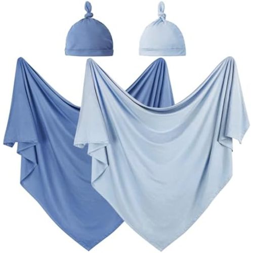 OWLOWLA 2Pack Newborn Swaddle Blanket with Hat Set Boys Receiving Blanket