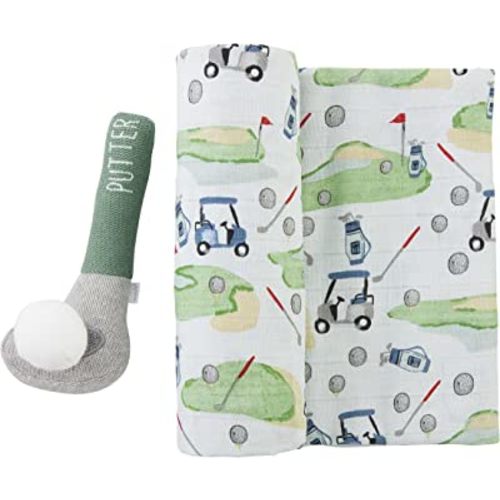 Mud Pie Baby Boy Sport Swaddle & Rattle Set, Golf