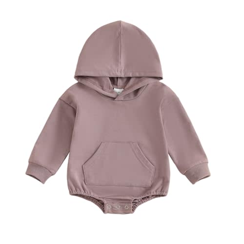 Covvoliy Newborn Baby Boy Girl Hooded Romper Long Sleeve Front Pocket Solid Color Hoodie Bodysuit Fall Winter Outfit
