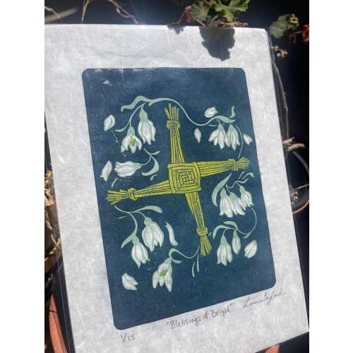 Blessings of Brigid Linocut Print - Original Handmade Art - Limited Edition - St. Brigid’s Cross - Irish Folklore