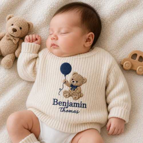 Personalized Teddy Bear Balloon Embroidered Baby Sweater, Animal Safari Knit Sweater, Woodland Cabin Jumper, Baby Shower Coming Home Outfit
