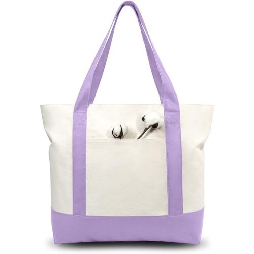 TOPDesign 1-Pack Canvas Tote Bag with an External Pocket, Reusable Grocery Shopping Bag, Top Zipper Closure, Daily Essentials (Lavender/Natural)