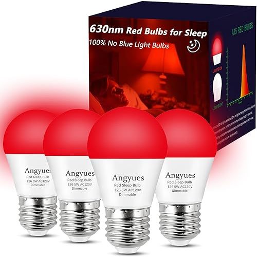 630nm Red Sleep Bulb Dimmable, 100% Blue Light Blocking, Promotes Melatonin Production, E26 A15 LED 5W Red Dim Night Light for Baby's Bedroom, Sleeping, Reading, 4Pack