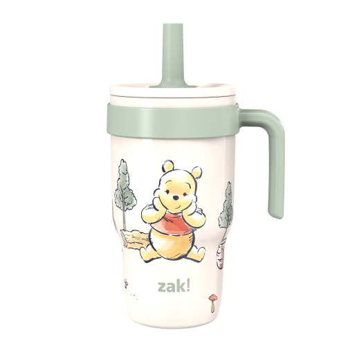 Zak Designs 10oz Pooh Double Wall Stainless Steel Cruiser Tumbler with Handle and Soft Silicone Straw, Leak-Proof