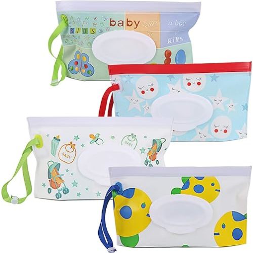 FEBSNOW 4 Pack Baby Wipes Container, Reusable Portable Wet Wipe Pouch,Wipe Dispenser Container,Baby Travel Wet Wipe Holder