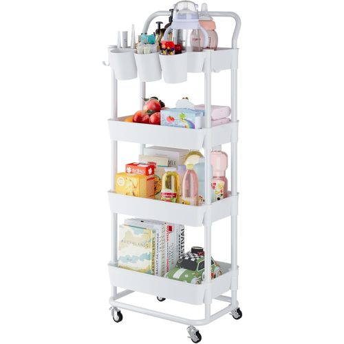 Buzowruil 4-Tier Rolling Utility Cart, Storage Cart with Handle Multi-Purpose and Locking Wheels,with Hanging Basket and Hook for Office, Kitchen, Bathroom,White