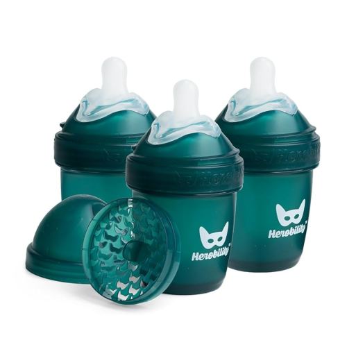 Herobility Double Anti-Colic Baby Bottles – 5 fl oz/140ml – 3-Pack – Dark Green