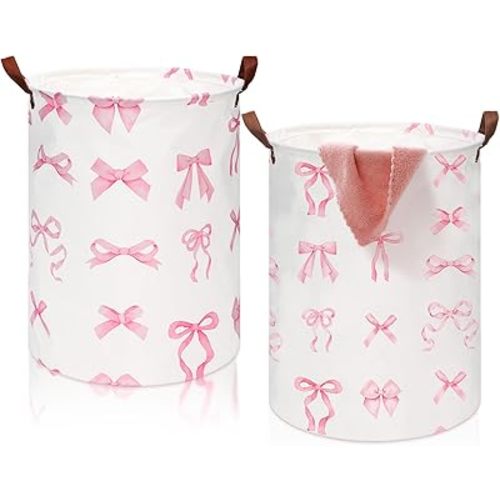 2 Pcs Coquette Pink Bow Laundry Basket Coquette Storage Basket for Girls Nursery Hamper with Handles Foldable Waterproof Collapsible Storage Bin Organizer for College Dorms Bathroom (Bows)