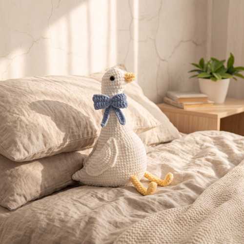 Blue Bow White Goose Crochet Amigurumi, Cottagecore Fluffy Duck Plush, Soft Knit Goose Desk Decor Doll