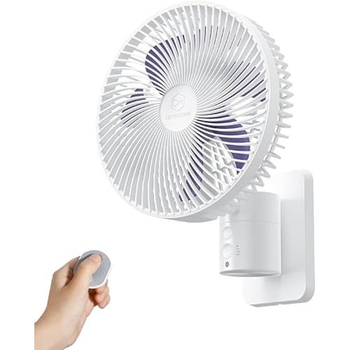 LEMOISTAR 8 Inch Small Wall Mounted RV Fan with Remote Control, 90° Oscillating, 4 Speeds, 4 Timer, Adjustable Tilt, 70 Inch Cord, Quiet, for Corner Bedroom Home Office Garage-White&Purple