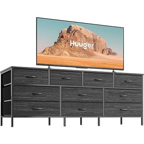 Huuger 63 Inch Dresser for Bedroom, Long Dresser with 10 Fabric Drawers, Large TV Stand for 55, 65, 70 Inch TV, Toy Storage Organizer for Closet, Charcoal Black Wood Grain Print