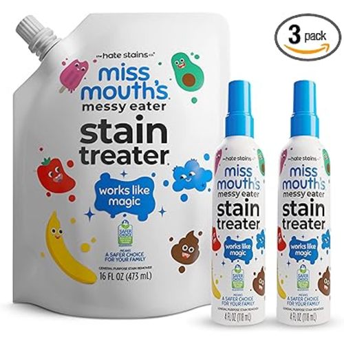 Miss Mouth’s Messy Eater Stain Treater Refill Ready Kit - 2 Pack Stain Remover Spray and 16oz Refill Pouch - Newborn & Baby Essentials - Food, Grease, Coffee Off Laundry, Underwear, Fabric